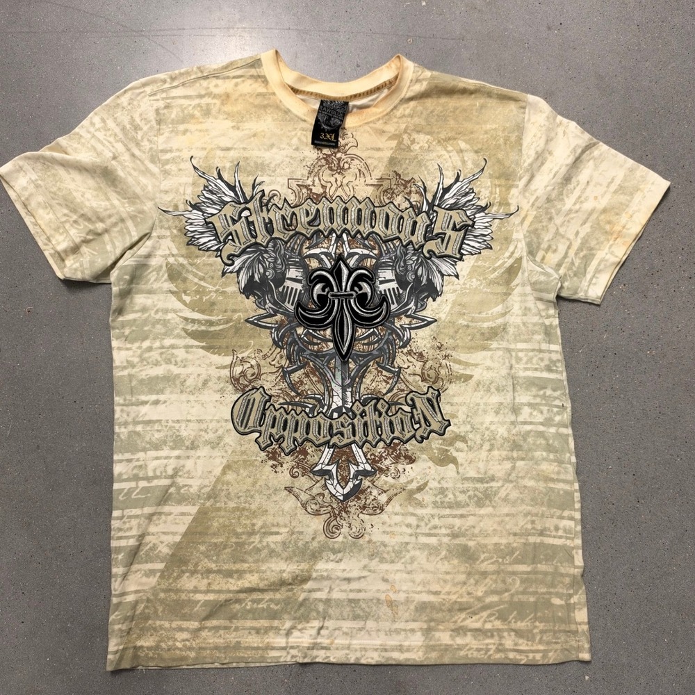 Raw Blue Affliction Style Gothic Graphic T-Shirt Tan All Over Print Mens 3XL